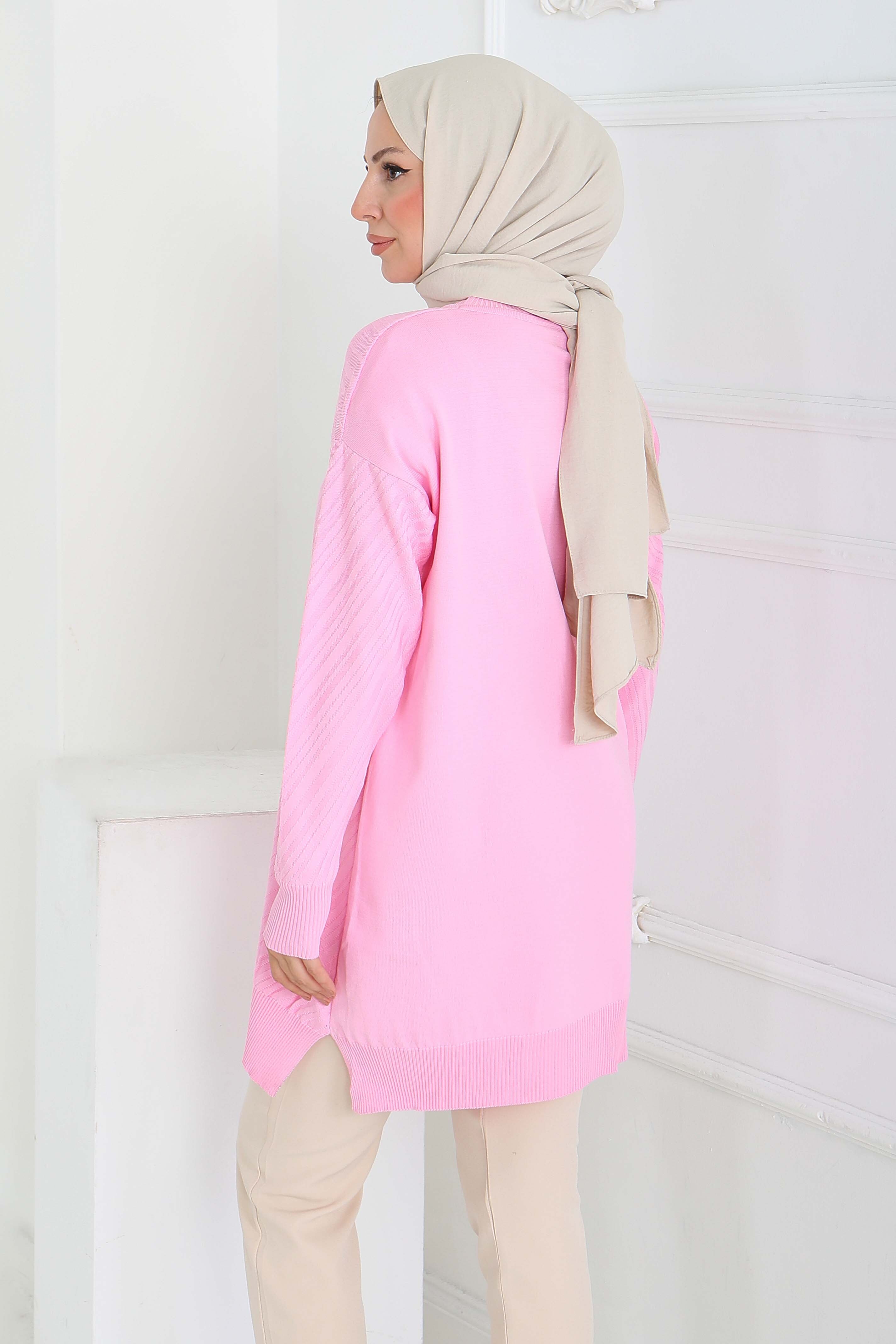 Desenli Triko Tunik - 27794-PEMBE - 4