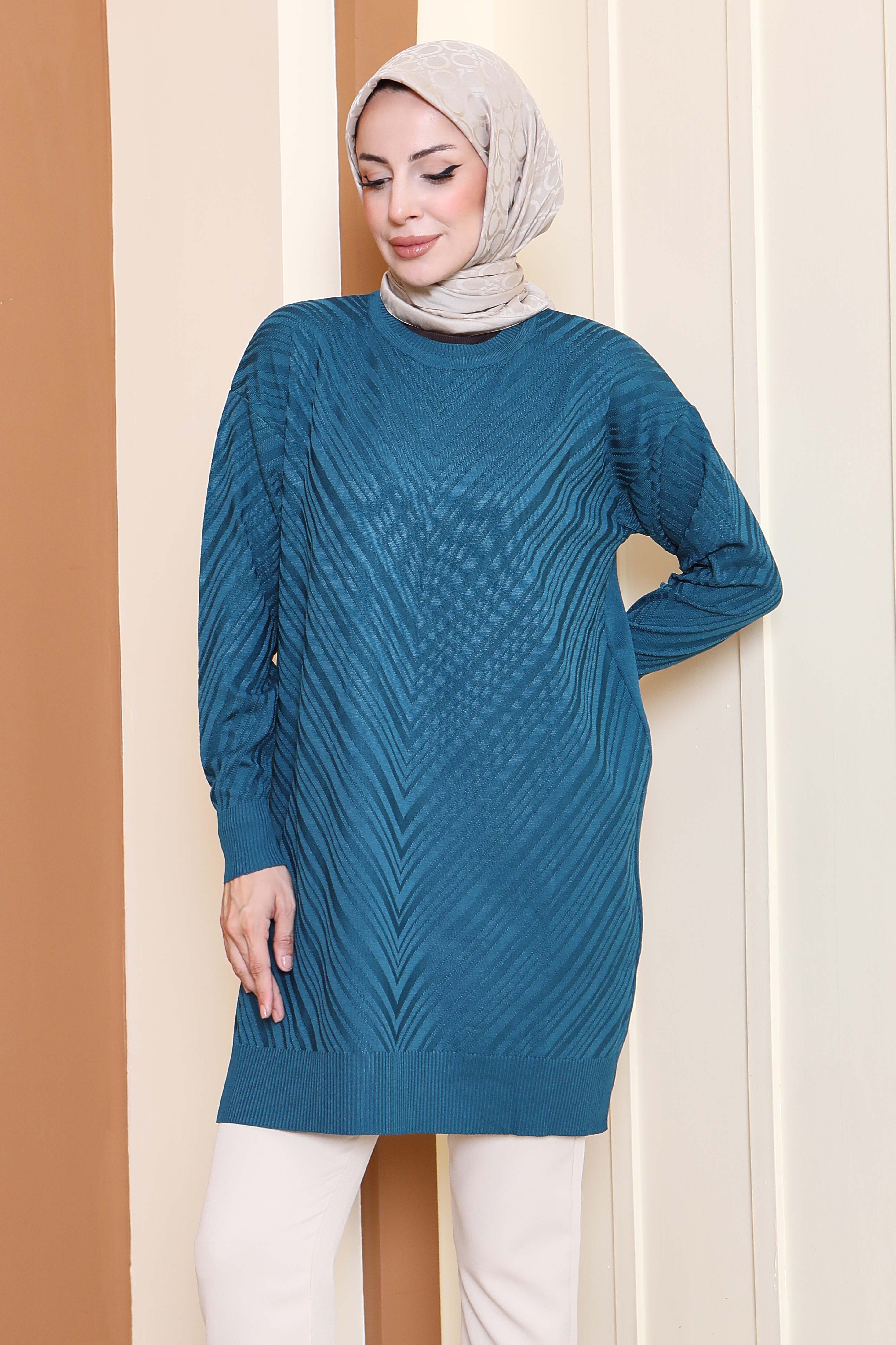 Desenli Triko Tunik - 27794-PETROL - 2