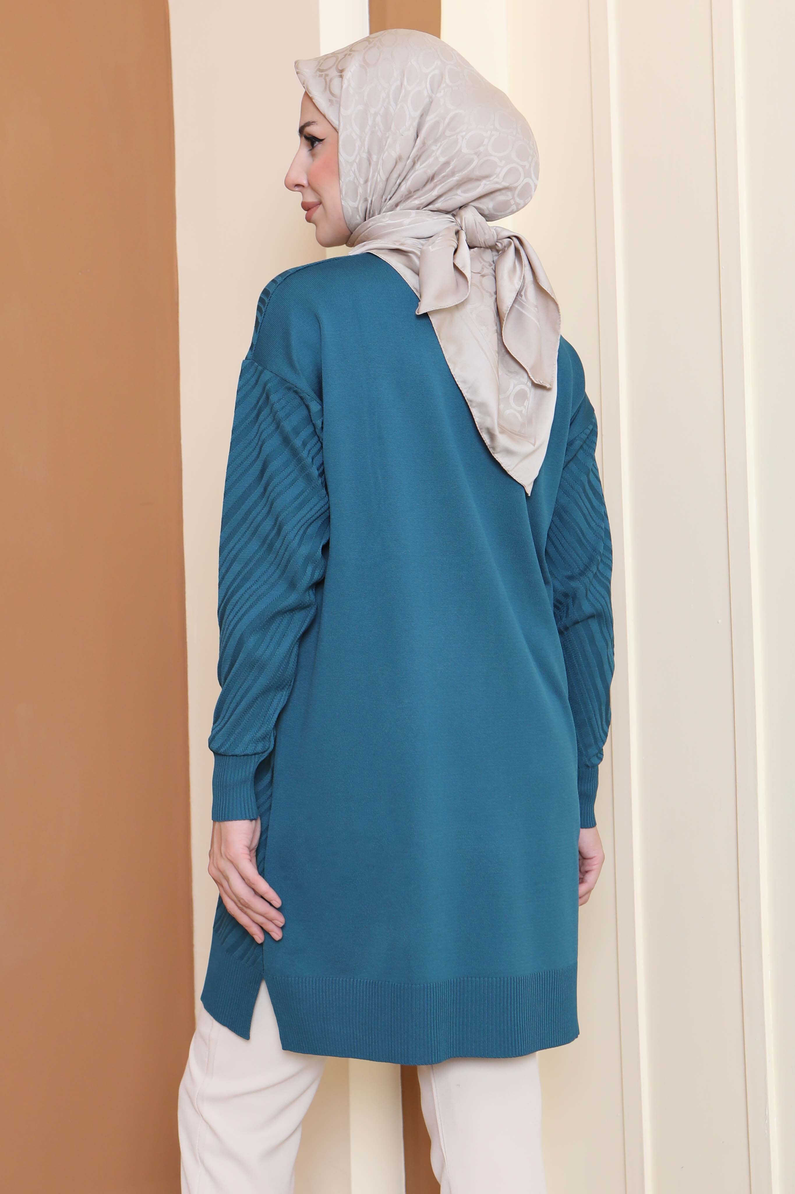 Desenli Triko Tunik - 27794-PETROL - 4