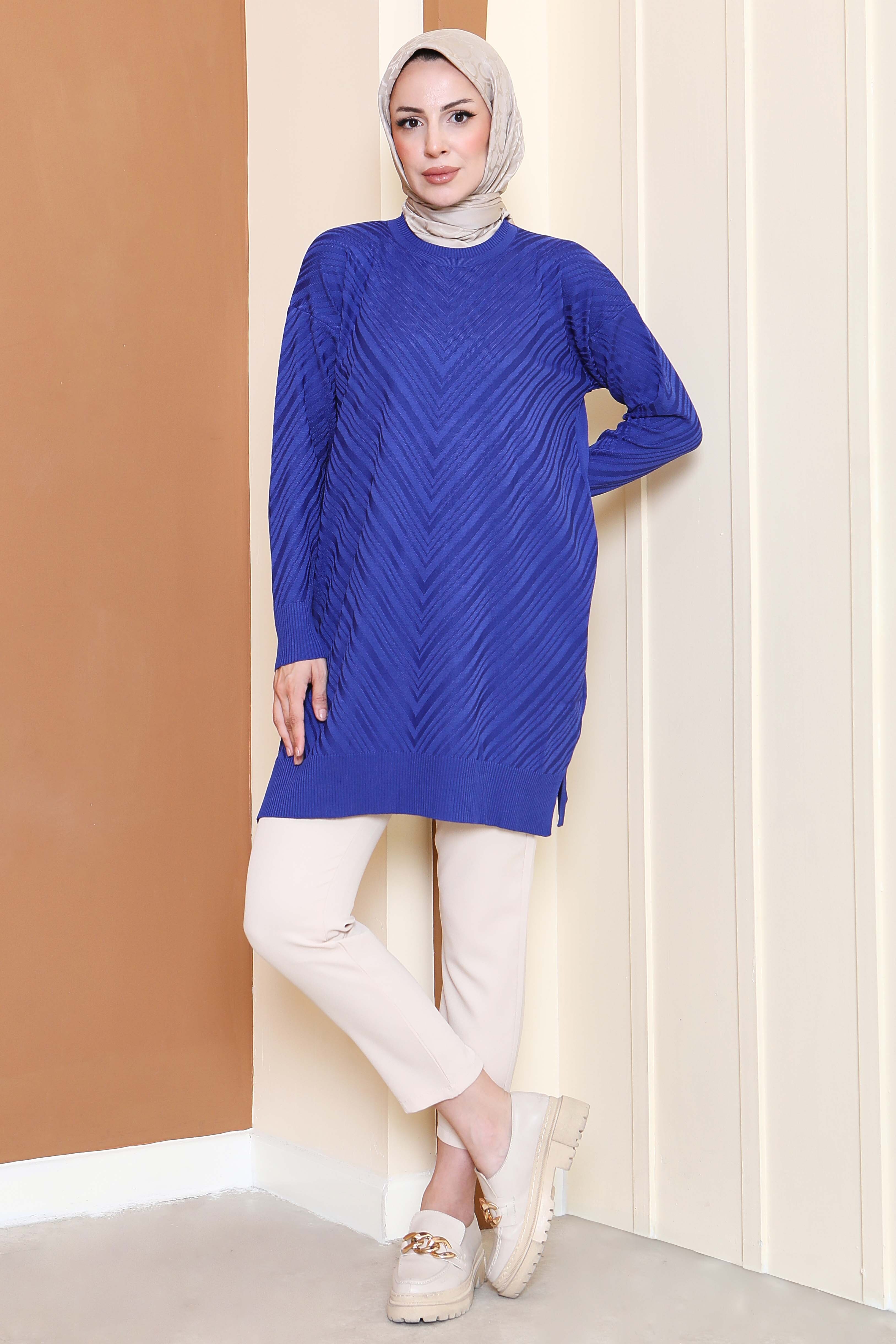 Desenli Triko Tunik - 27794-SAKS - 2