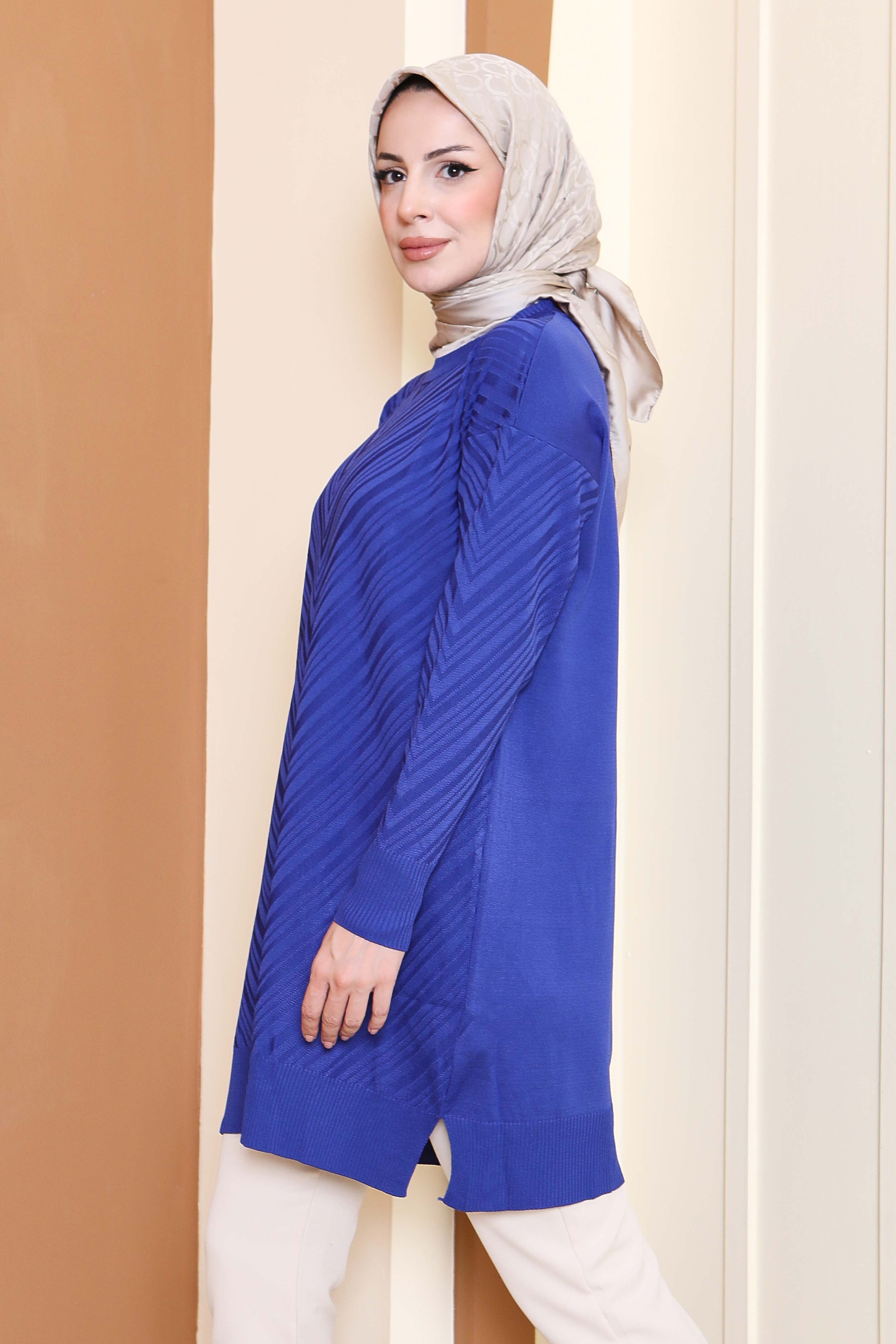 Desenli Triko Tunik - 27794-SAKS - 3