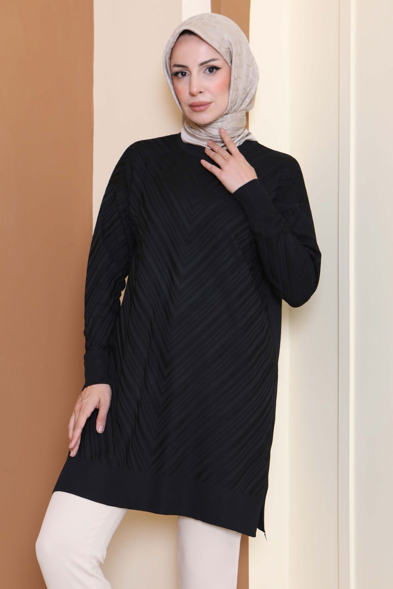 Desenli Triko Tunik - 27794-SIYAH - TOFİSA