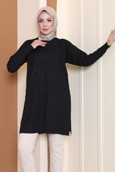 Desenli Triko Tunik - 27794-SIYAH 