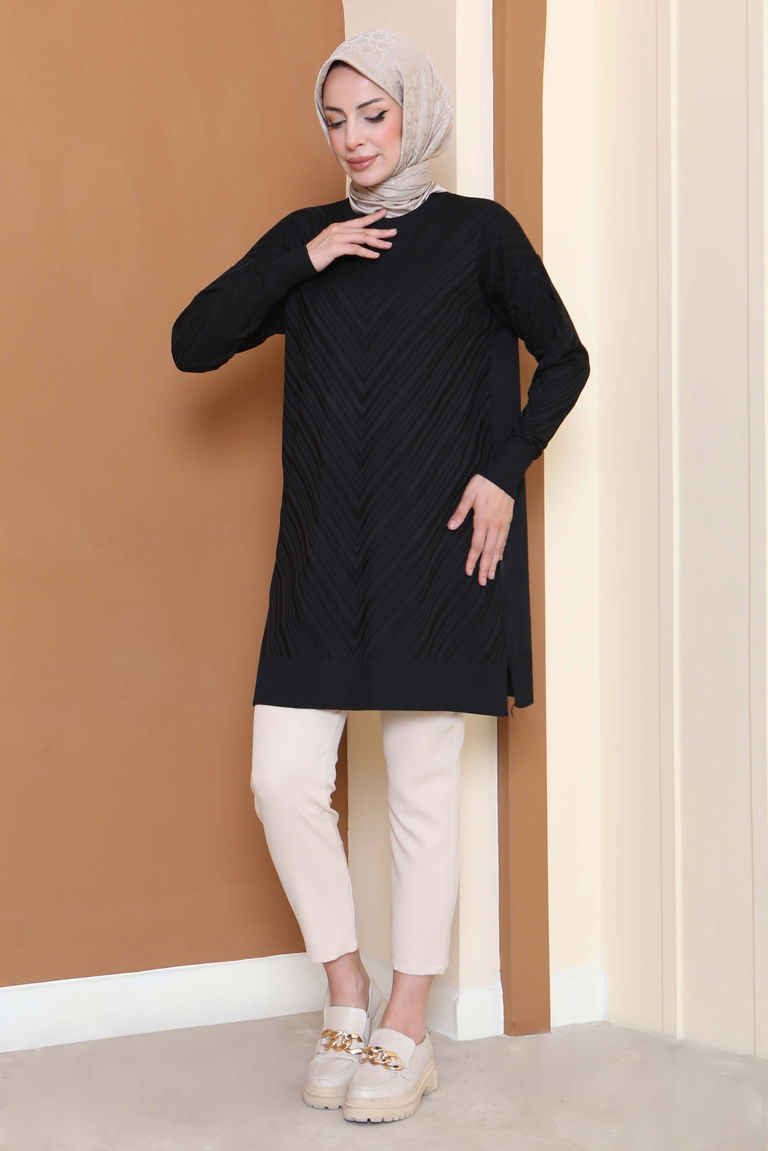 Desenli Triko Tunik - 27794-SIYAH - TOFİSA