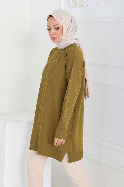 Desenli Triko Tunik - 27794-YAG-YESILI 
