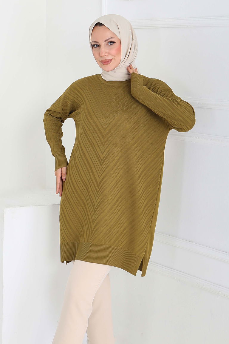 Desenli Triko Tunik - 27794-YAG-YESILI - TOFİSA