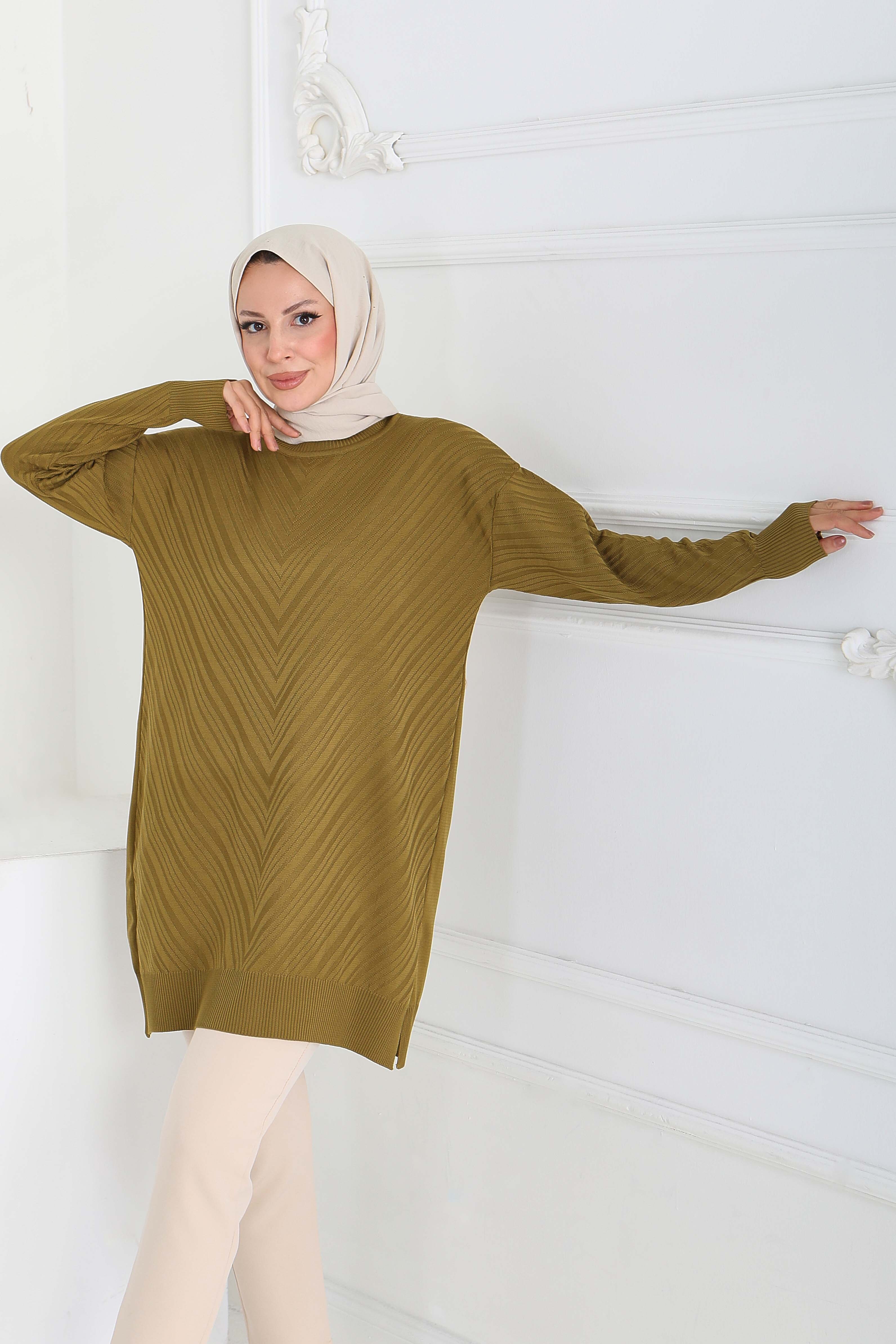 Desenli Triko Tunik - 27794-YAG-YESILI - 3