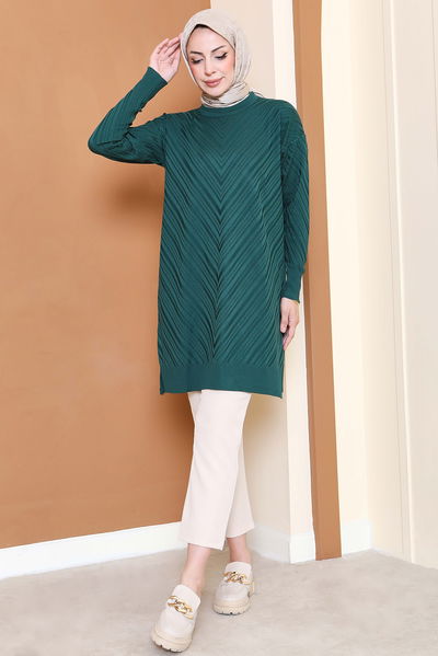 Desenli Triko Tunik - 27794-ZUMRUT 