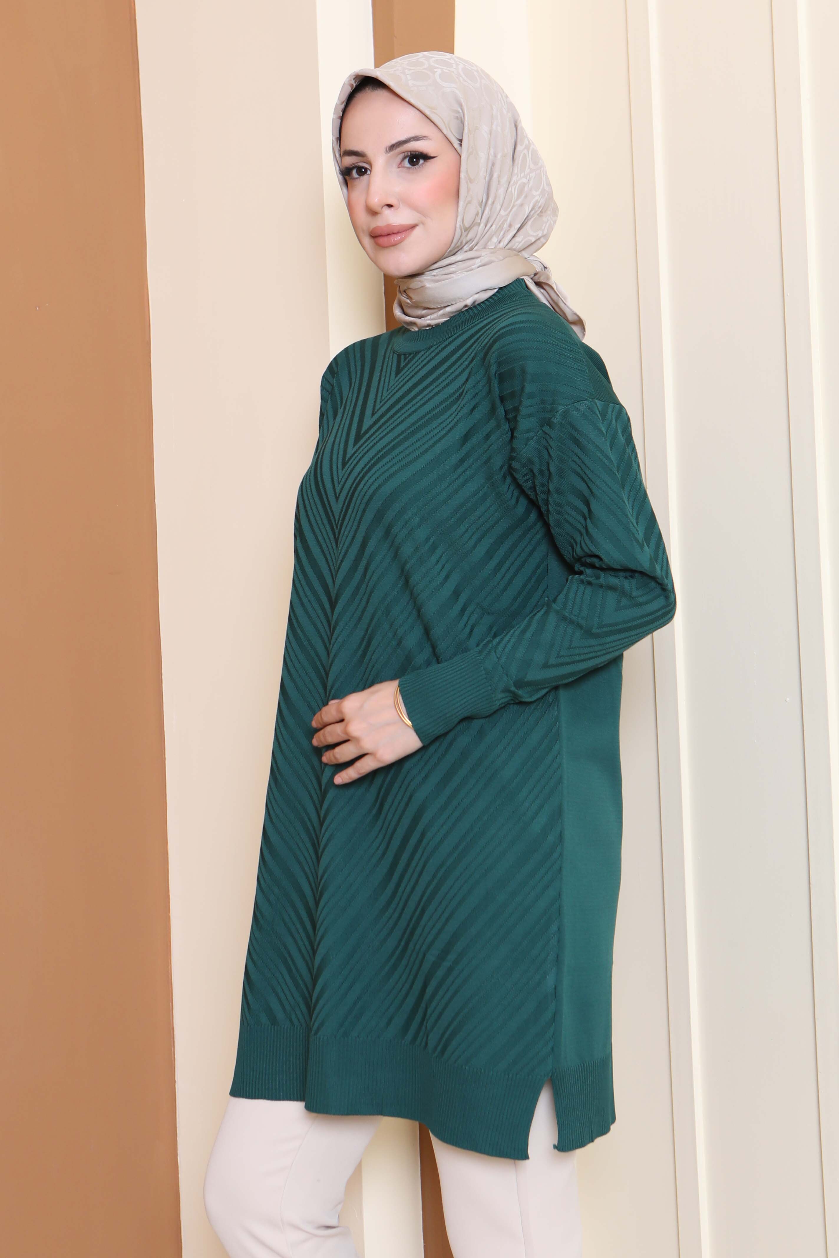 Desenli Triko Tunik - 27794-ZUMRUT - 3