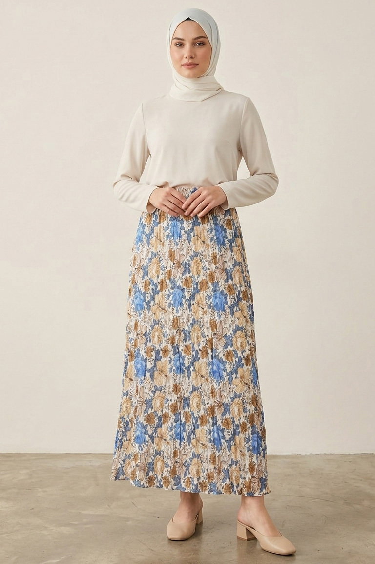 Desenli Trikoton Etel - 2121-MAVI-BEYAZ - 2