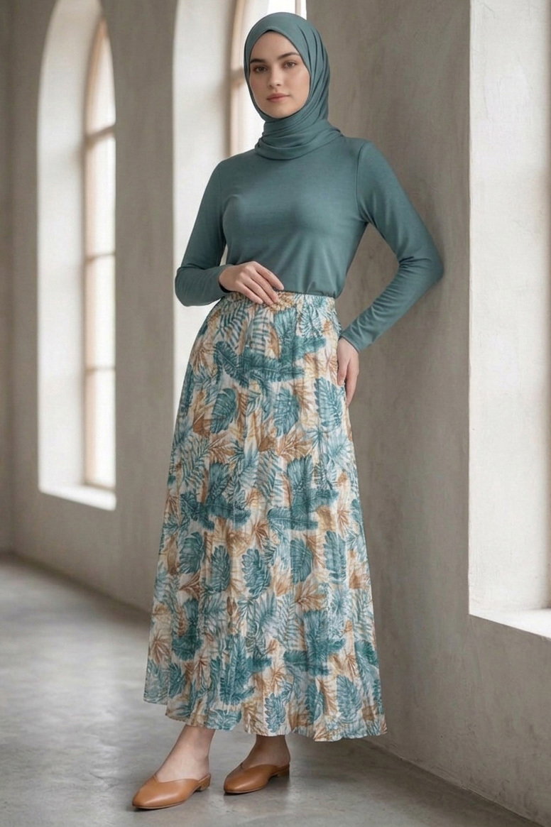 Desenli Trikoton Etel - 2121-YESIL - 2