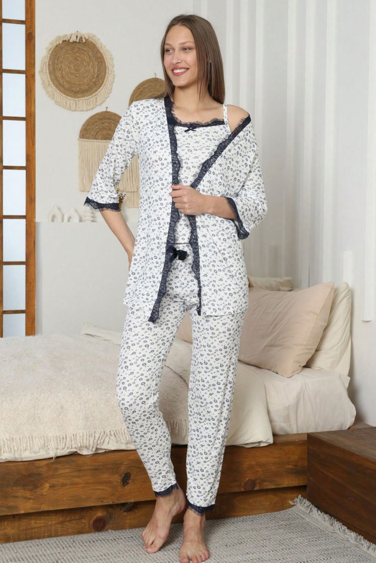 Desenli Üçlü Pijama Takımı - 28070-LACIVERT - TOFİSA