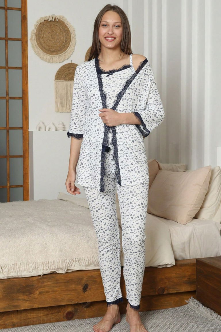 Desenli Üçlü Pijama Takımı - 28070-LACIVERT - TOFİSA