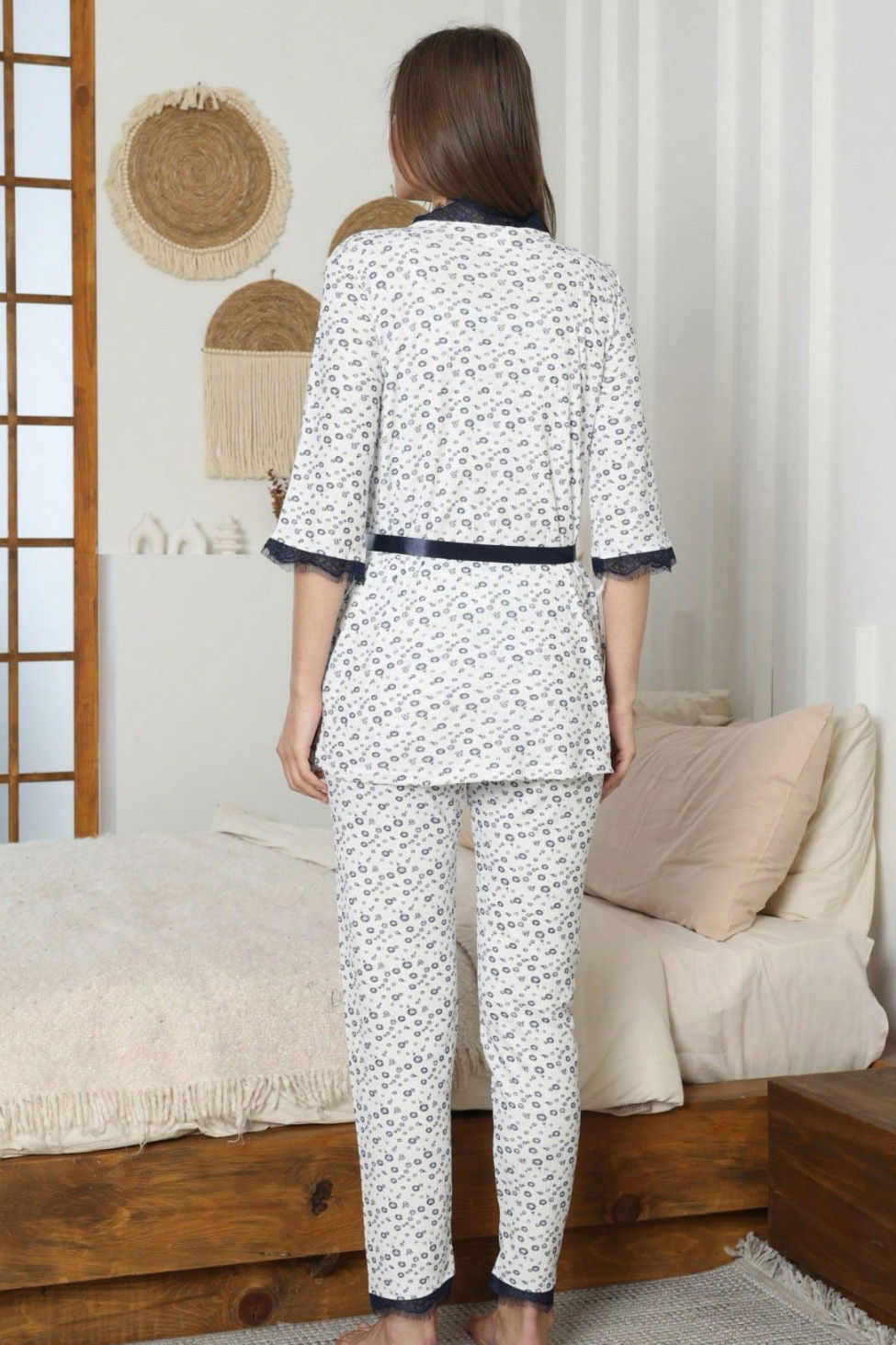 Desenli Üçlü Pijama Takımı - 28070-LACIVERT - 5