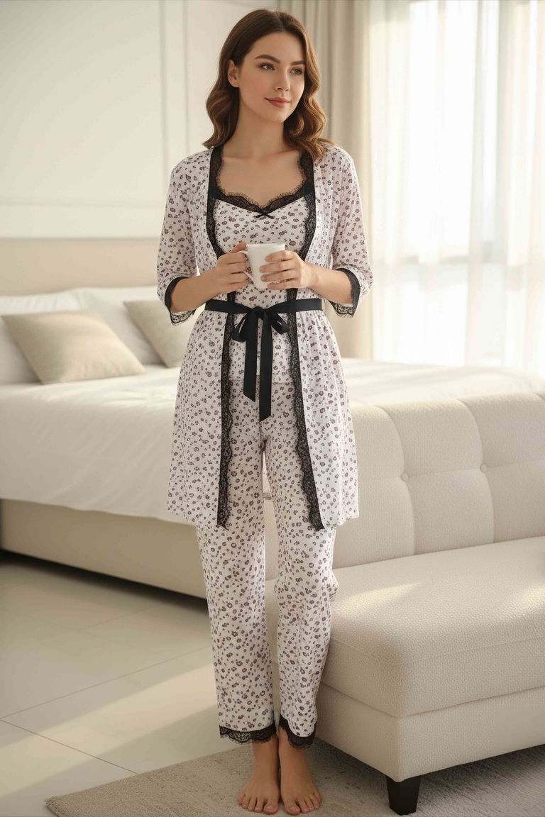 Desenli Üçlü Pijama Takımı - 28070-MOR - TOFİSA