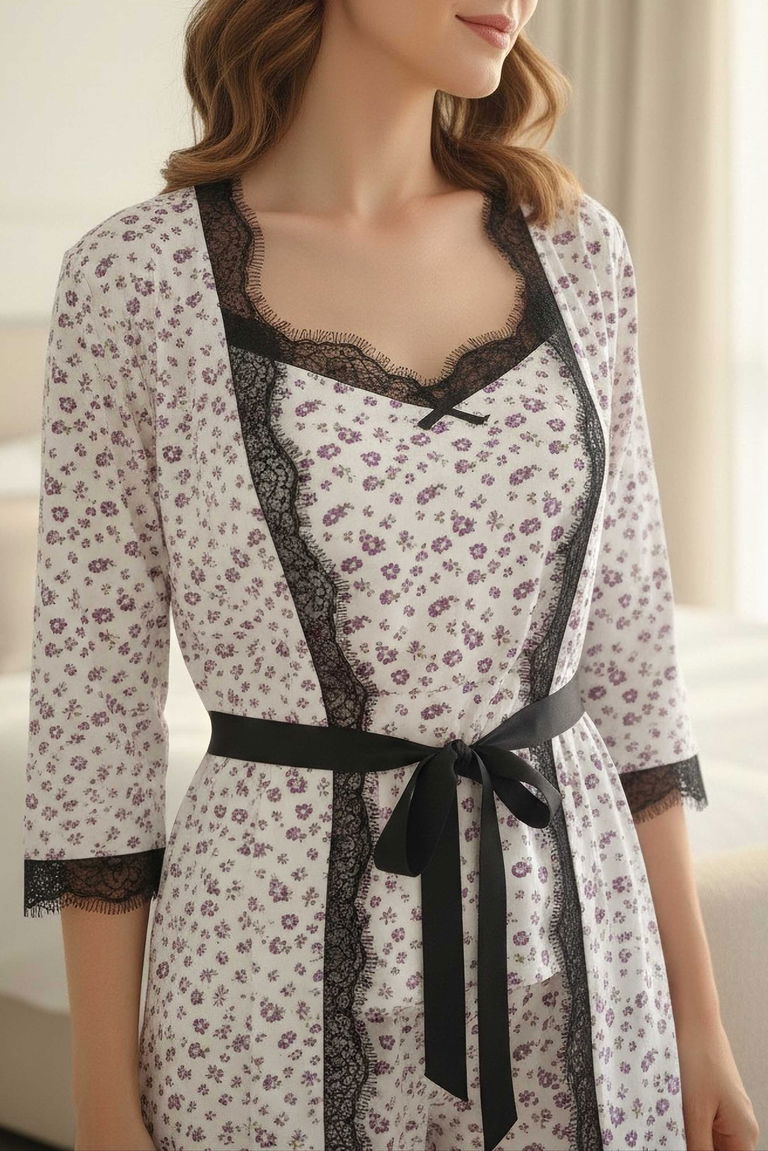 Desenli Üçlü Pijama Takımı - 28070-MOR - TOFİSA