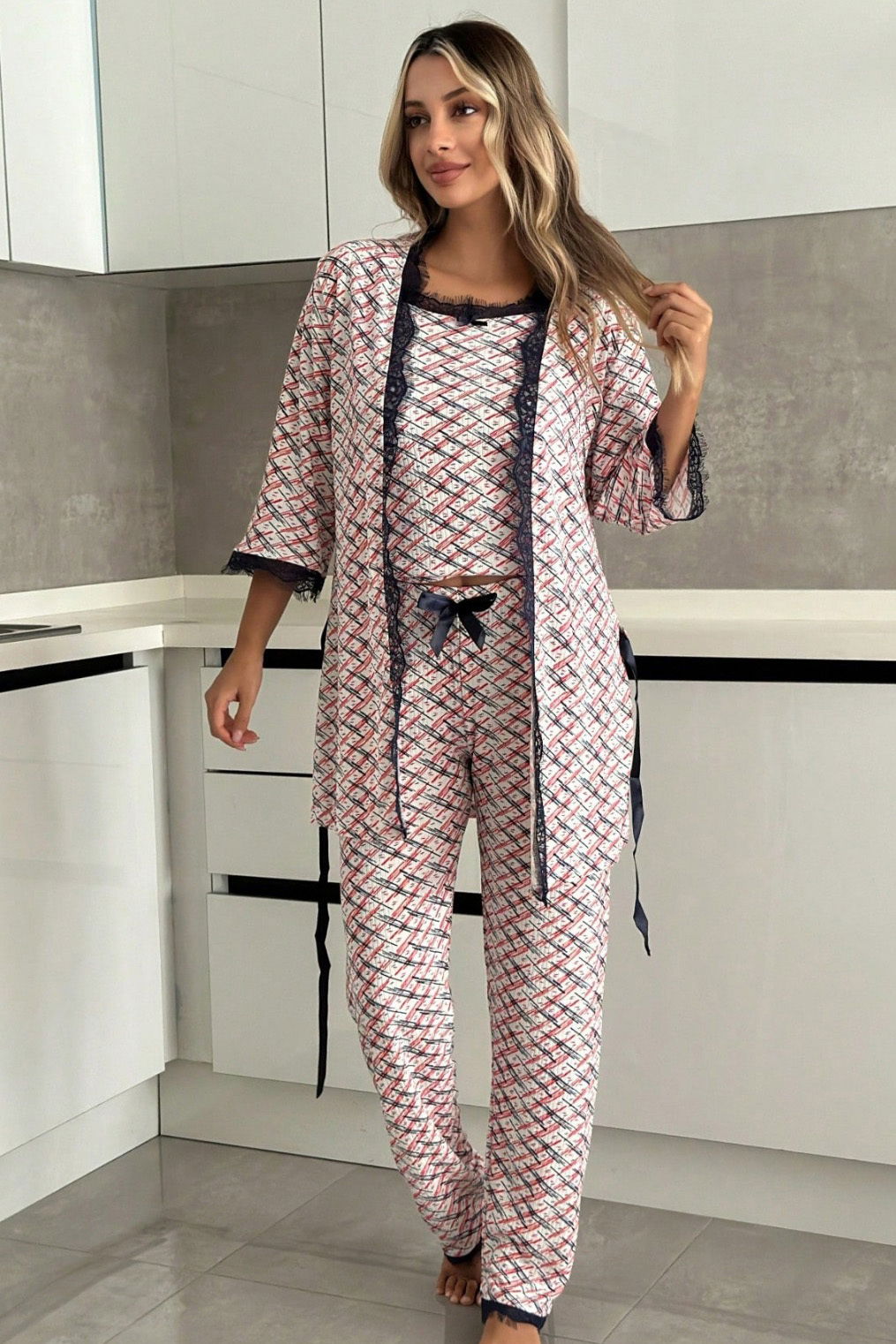 Desenli Üçlü Pijama Takımı - 28071-KIRMIZI - 1