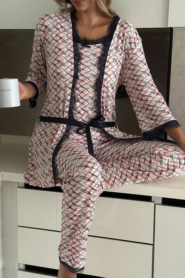 Desenli Üçlü Pijama Takımı - 28071-KIRMIZI - TOFİSA