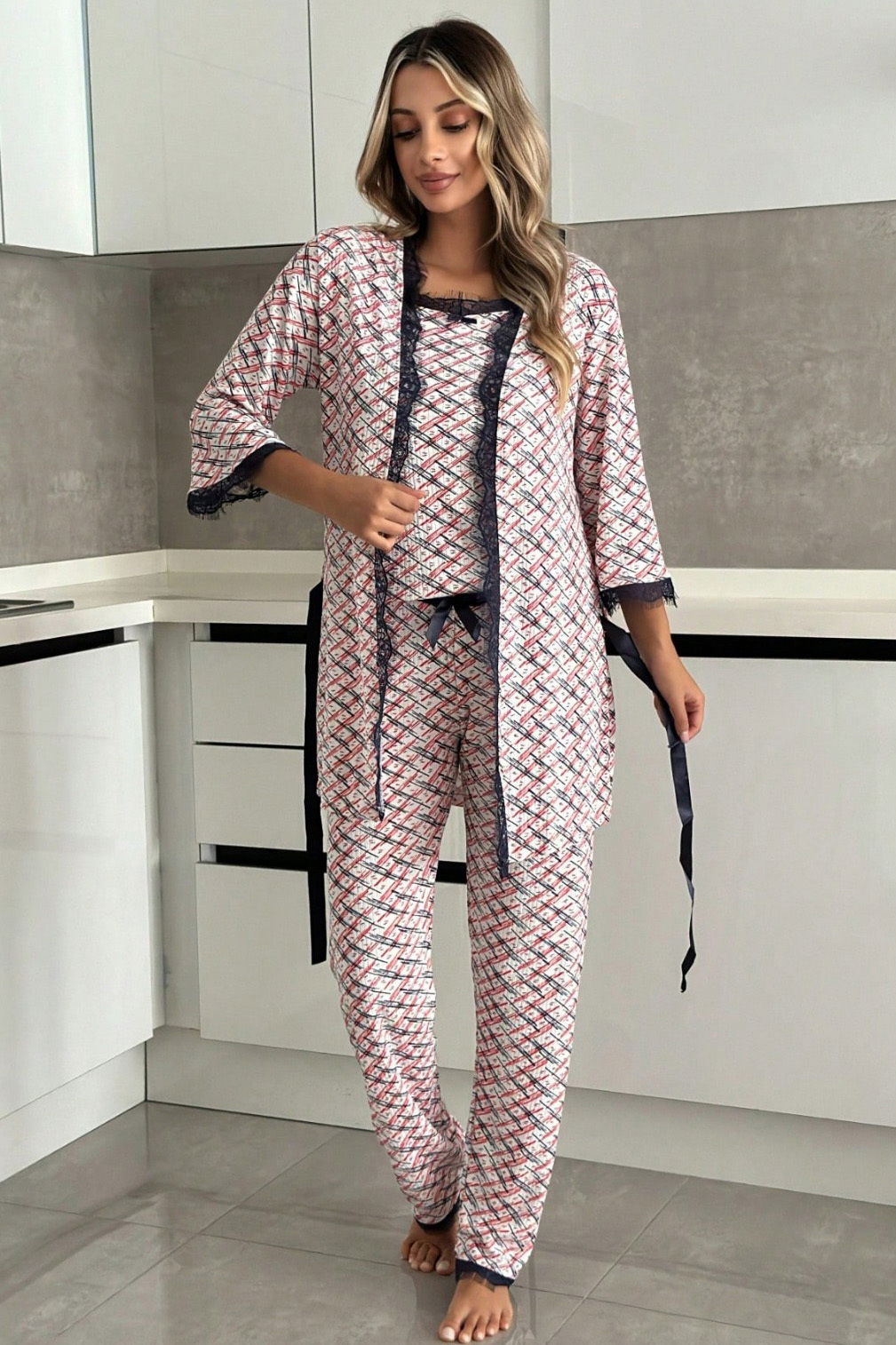 Desenli Üçlü Pijama Takımı - 28071-KIRMIZI - 3