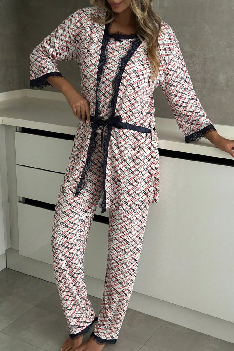 Desenli Üçlü Pijama Takımı - 28071-KIRMIZI - TOFİSA