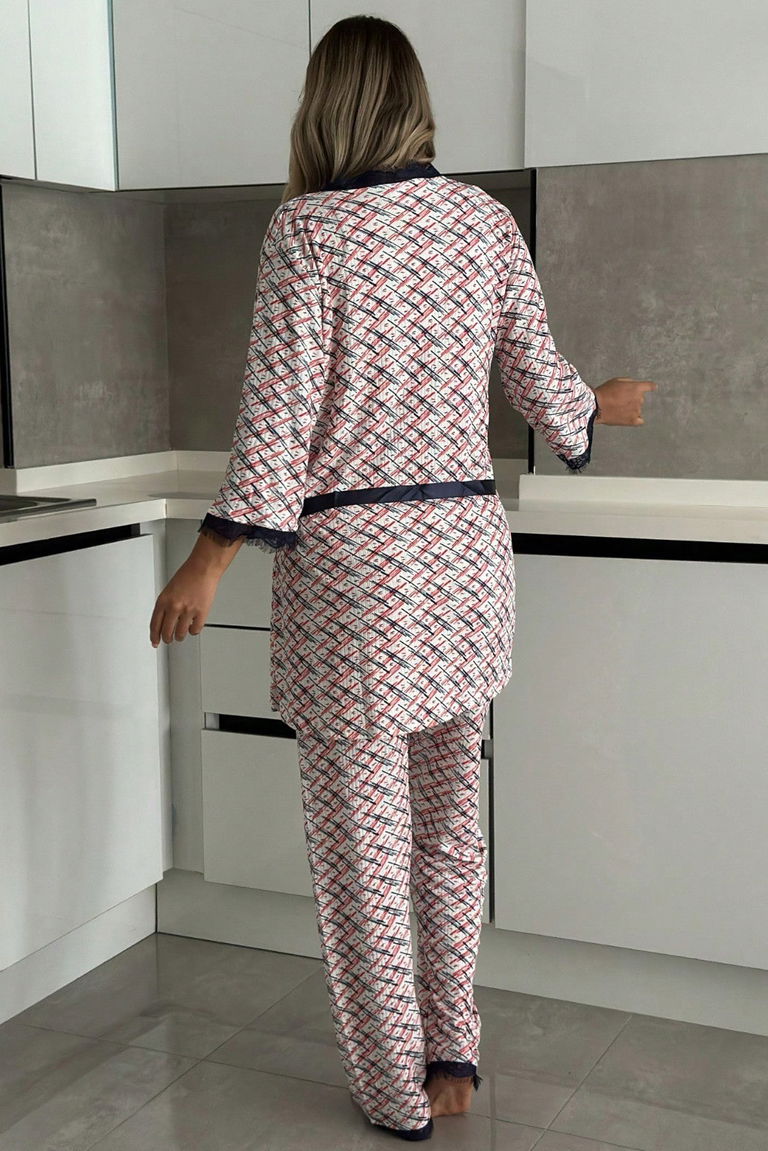 Desenli Üçlü Pijama Takımı - 28071-KIRMIZI - TOFİSA
