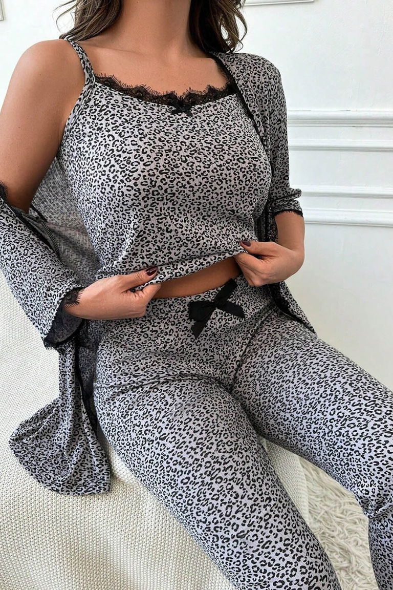 Desenli Üçlü Pijama Takımı - 28072-GRI - TOFİSA