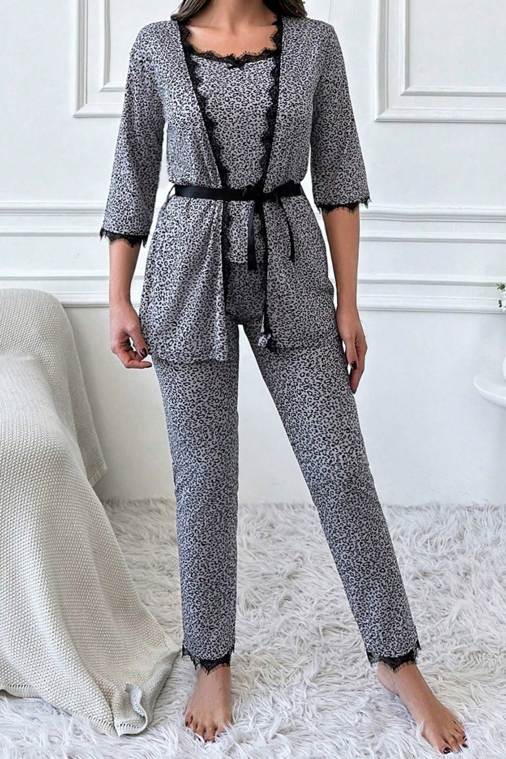 Desenli Üçlü Pijama Takımı - 28072-GRI - 2