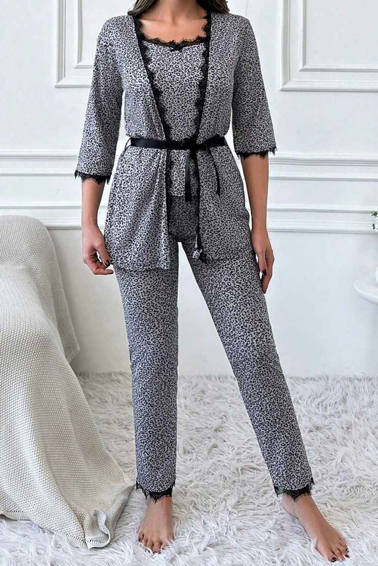 Desenli Üçlü Pijama Takımı - 28072-GRI - TOFİSA