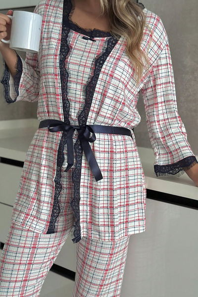 Desenli Üçlü Pijama Takımı - 28073-KIRMIZI 