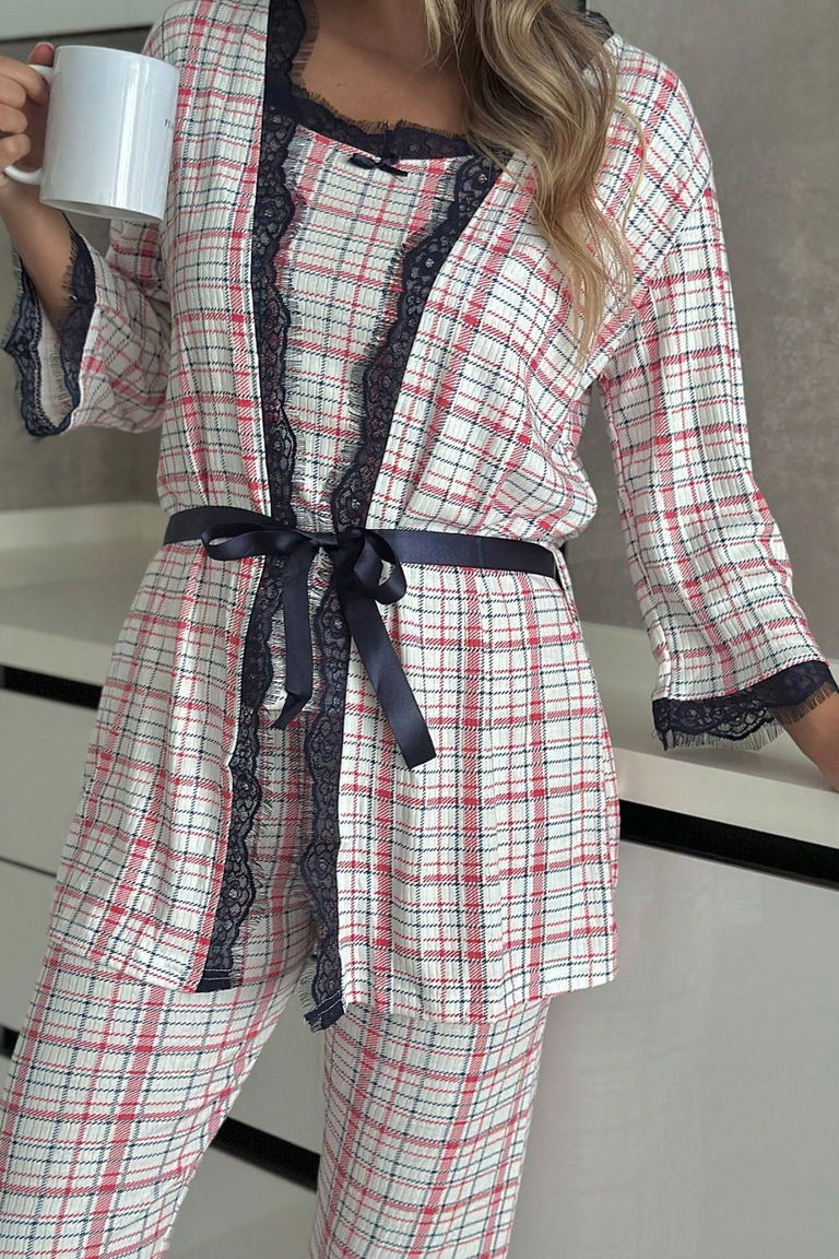 Desenli Üçlü Pijama Takımı - 28073-KIRMIZI - TOFİSA