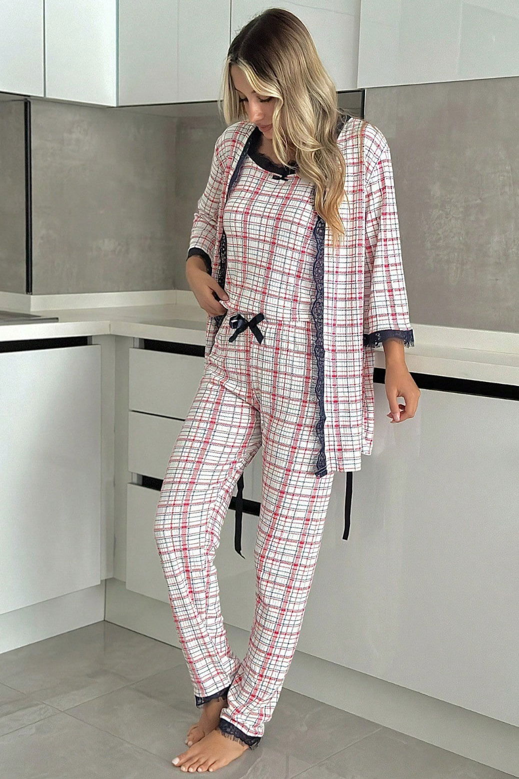 Desenli Üçlü Pijama Takımı - 28073-KIRMIZI - 2