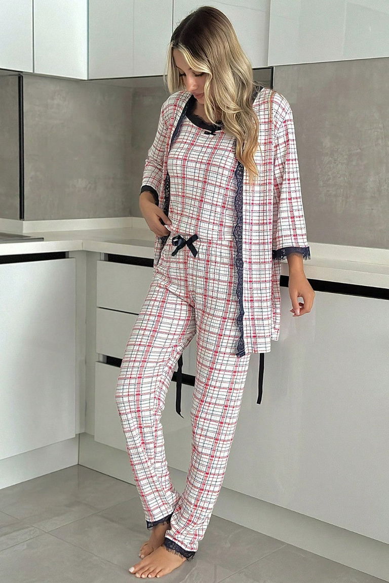 Desenli Üçlü Pijama Takımı - 28073-KIRMIZI - TOFİSA