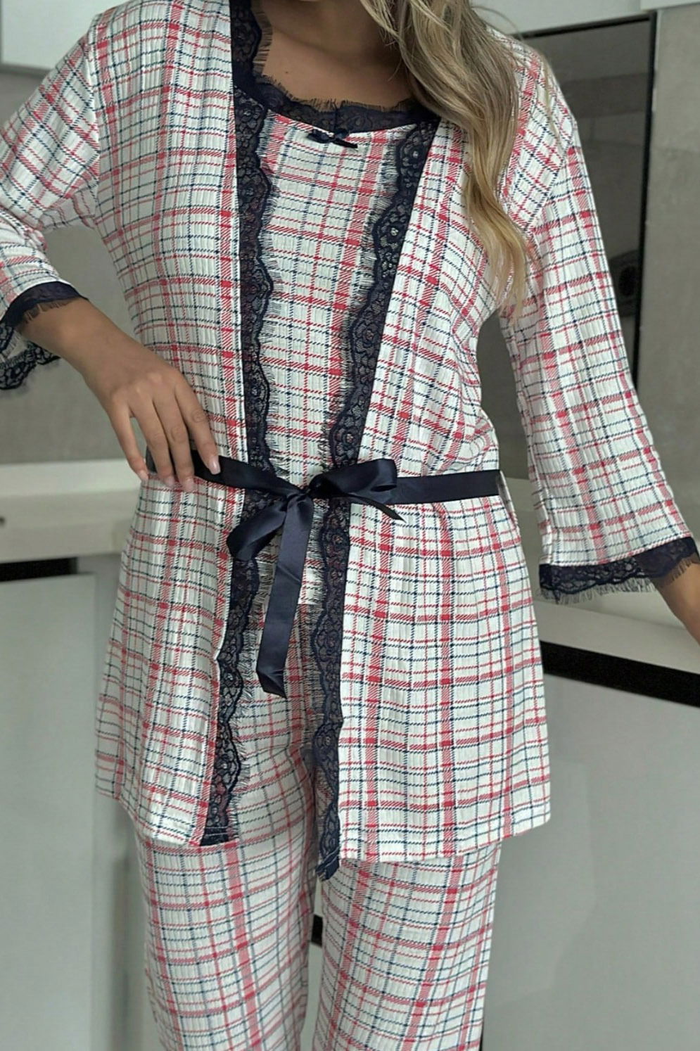 Desenli Üçlü Pijama Takımı - 28073-KIRMIZI - 3