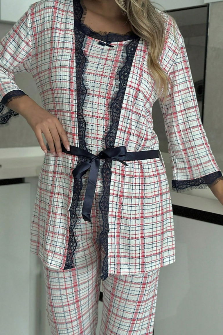 Desenli Üçlü Pijama Takımı - 28073-KIRMIZI - TOFİSA