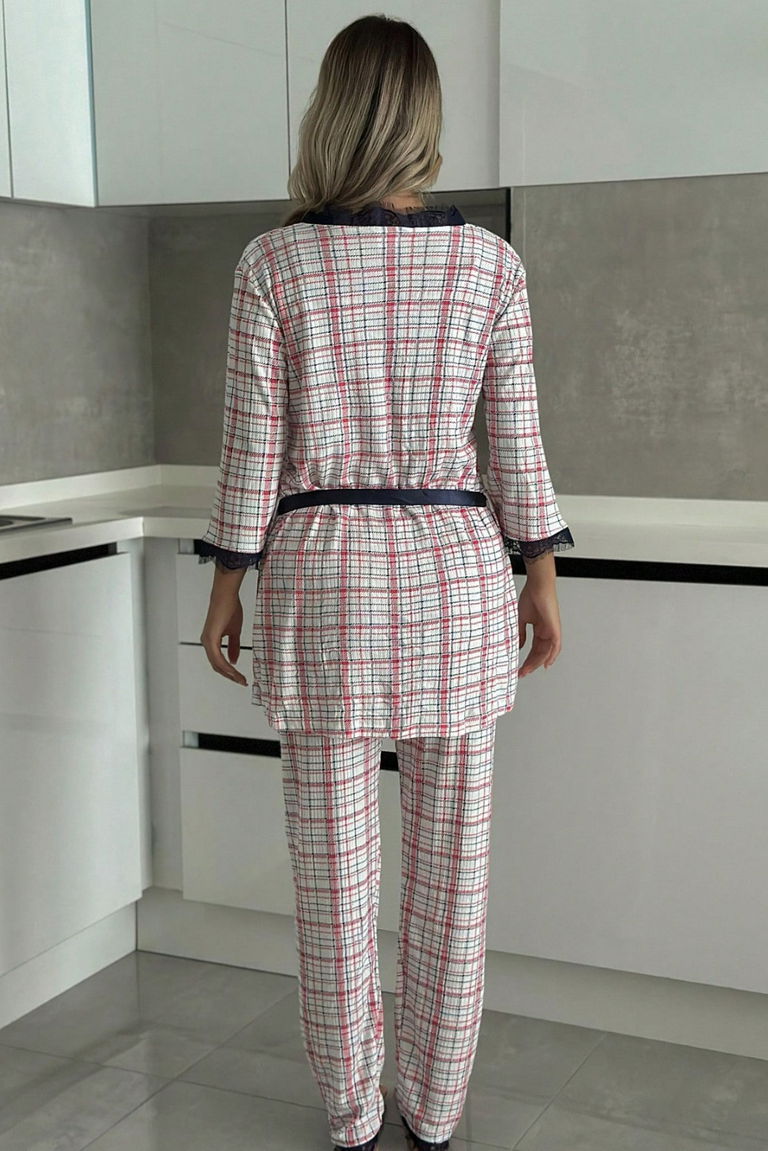 Desenli Üçlü Pijama Takımı - 28073-KIRMIZI - TOFİSA