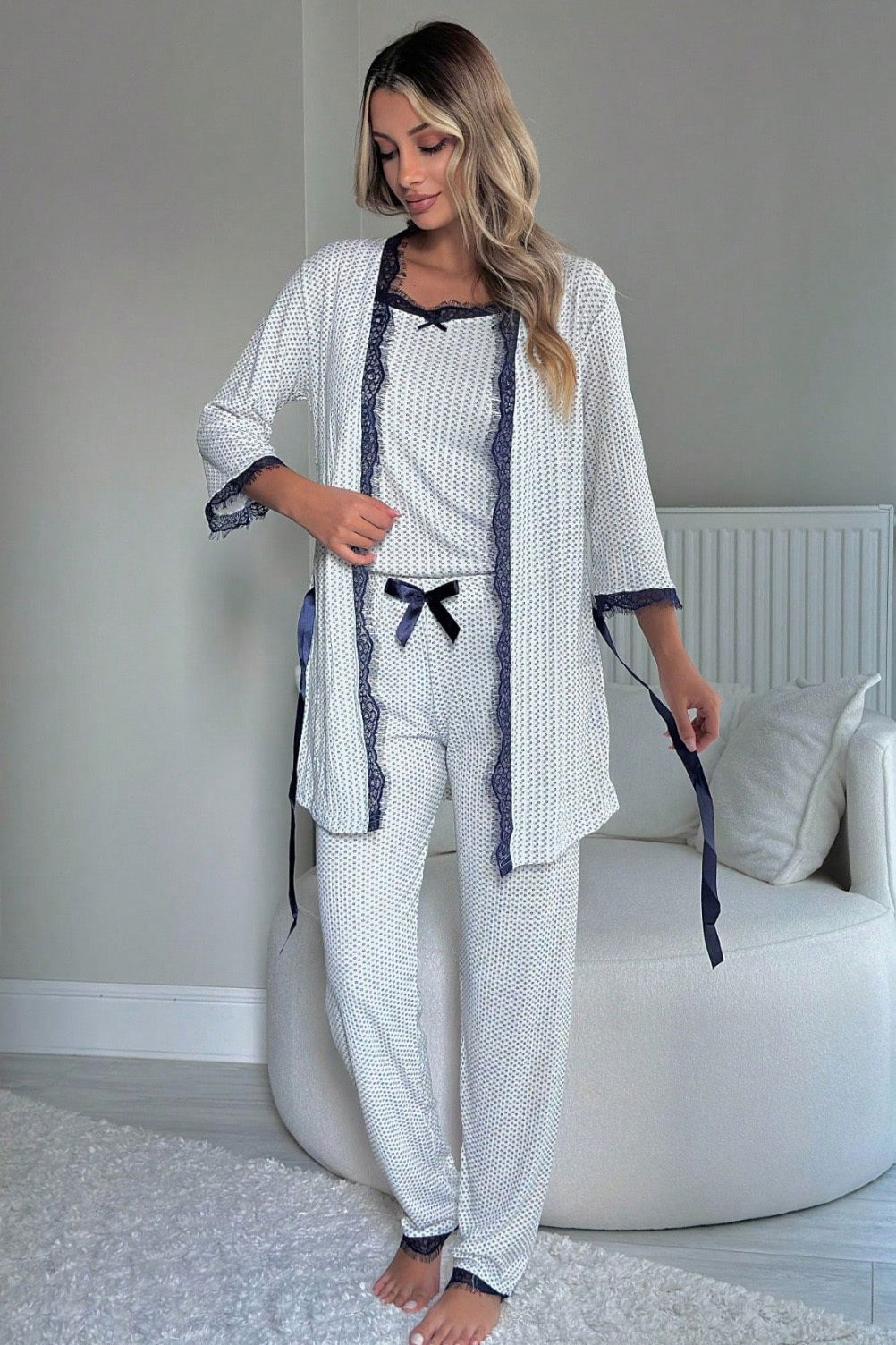 Desenli Üçlü Pijama Takımı - 28074-LACIVERT - 1