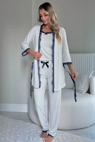 Desenli Üçlü Pijama Takımı - 28074-LACIVERT 