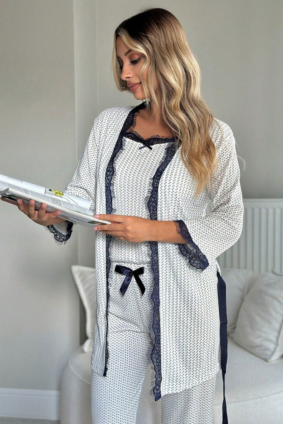 Desenli Üçlü Pijama Takımı - 28074-LACIVERT - 2