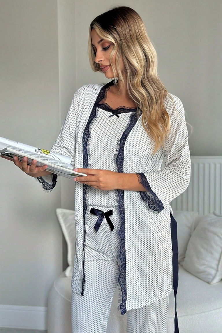 Desenli Üçlü Pijama Takımı - 28074-LACIVERT - TOFİSA