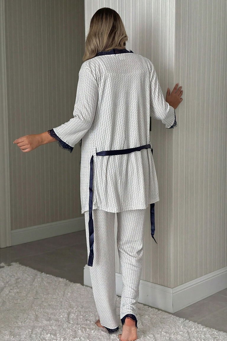 Desenli Üçlü Pijama Takımı - 28074-LACIVERT - TOFİSA