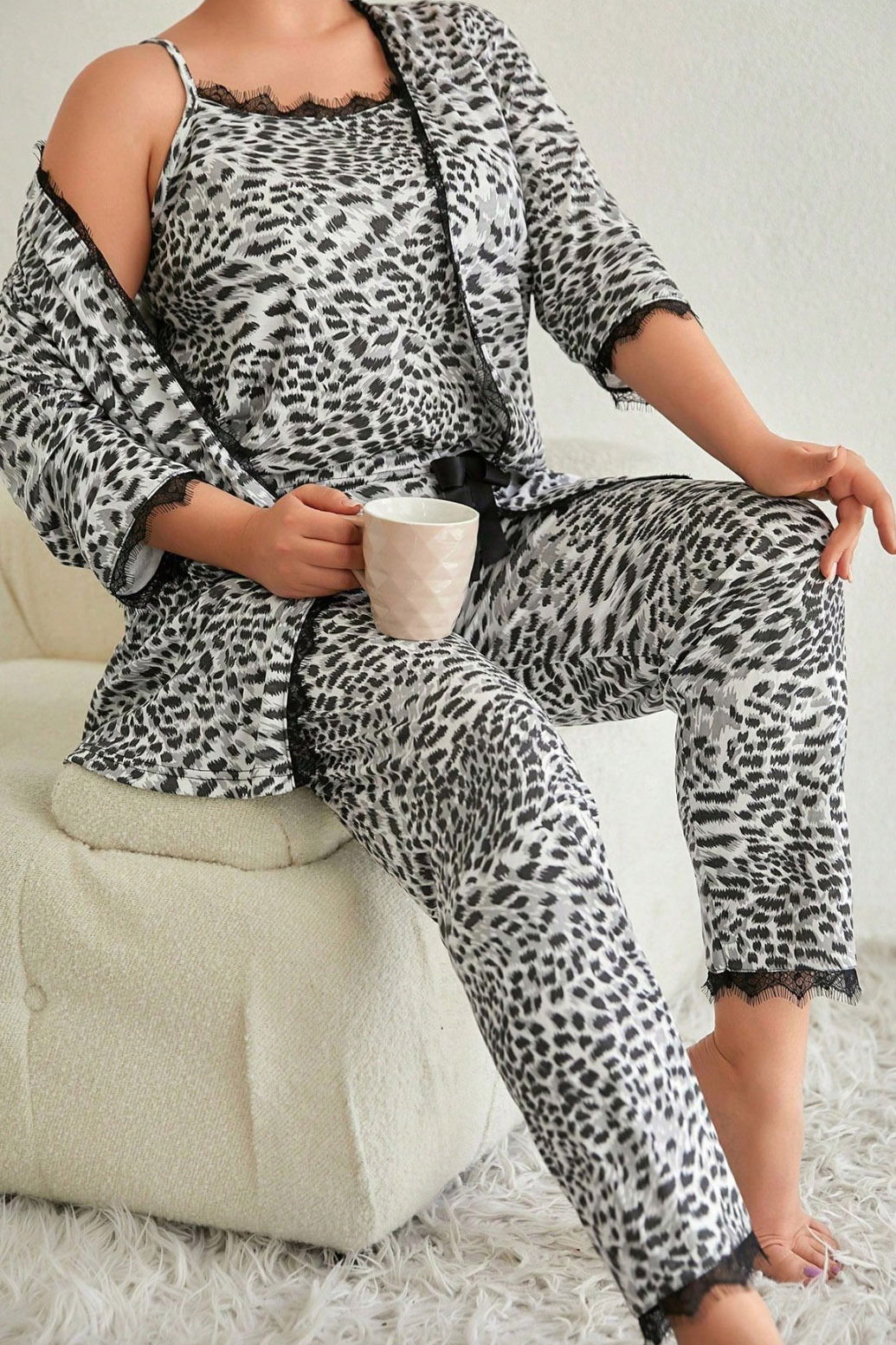 Desenli Üçlü Pijama Takımı - 28075-SIYAH-BEYAZ - 1