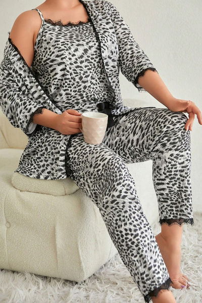 Desenli Üçlü Pijama Takımı - 28075-SIYAH-BEYAZ 