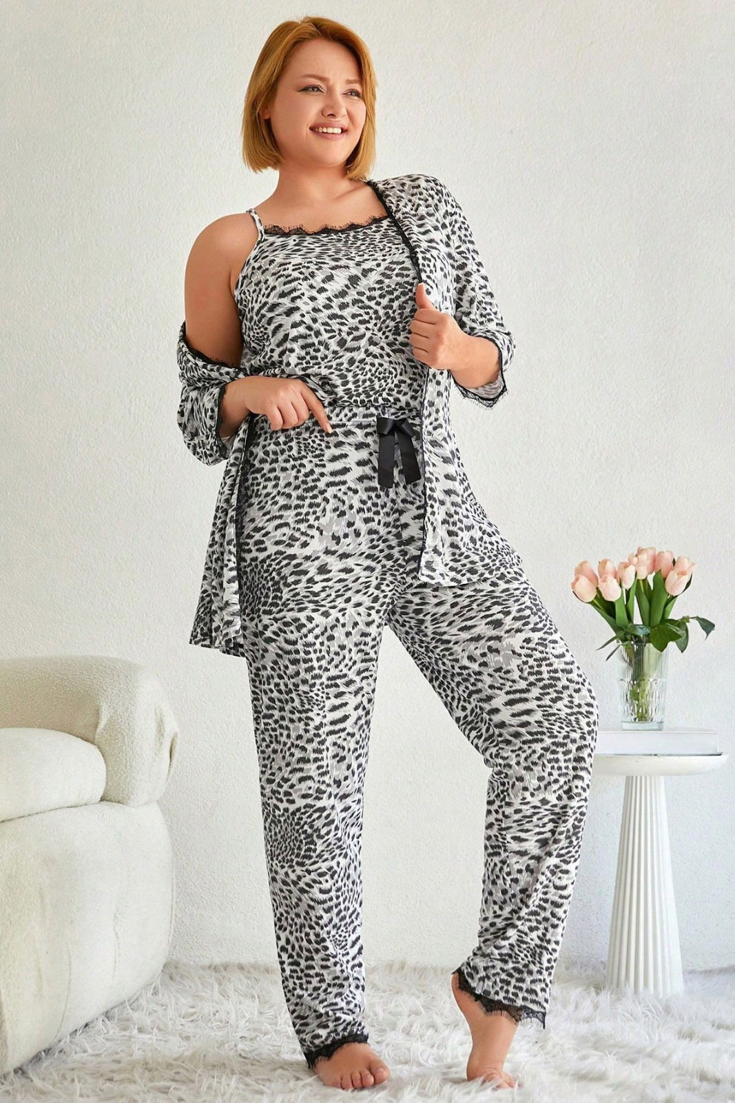 Desenli Üçlü Pijama Takımı - 28075-SIYAH-BEYAZ - 2