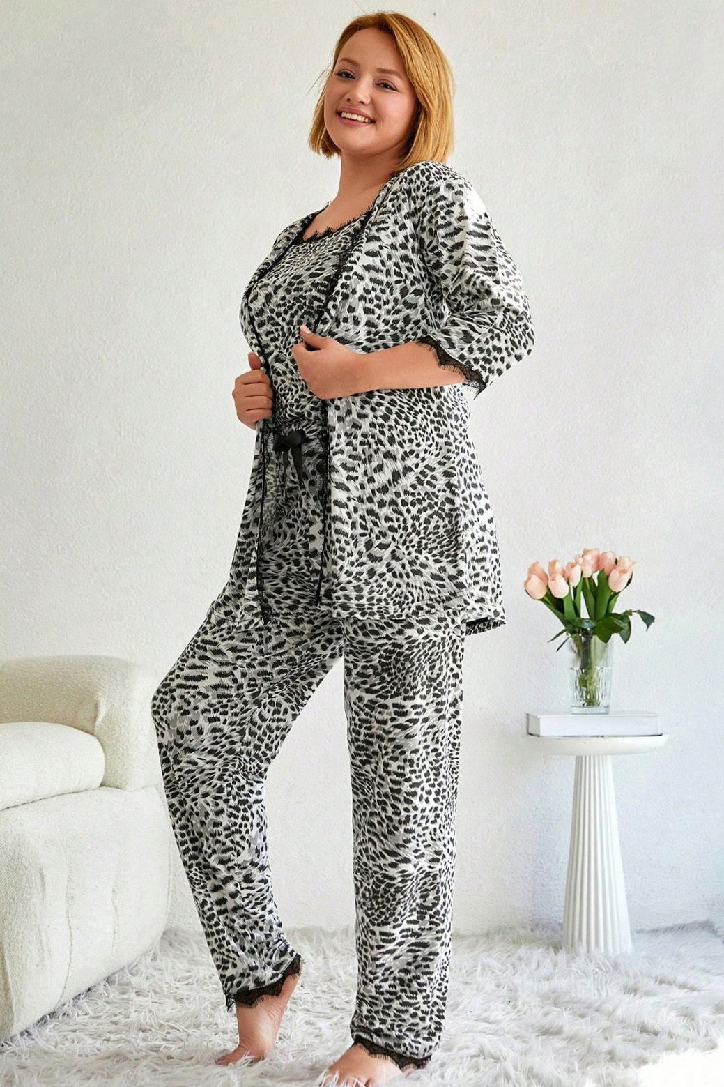 Desenli Üçlü Pijama Takımı - 28075-SIYAH-BEYAZ - 3