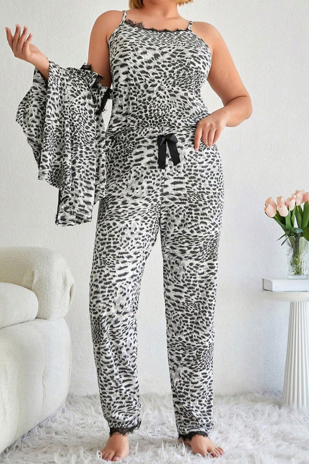 Desenli Üçlü Pijama Takımı - 28075-SIYAH-BEYAZ - 4