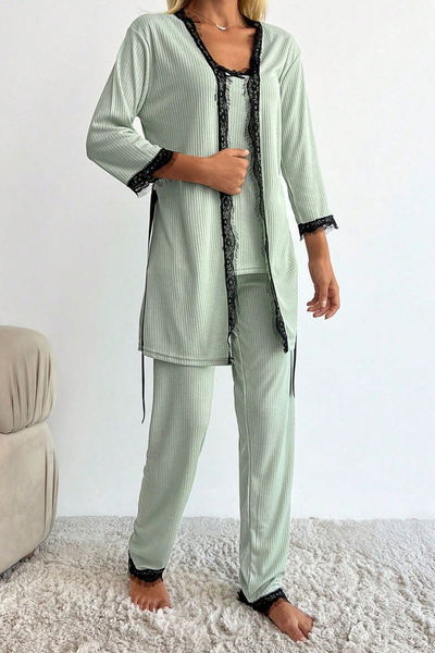 Desenli Üçlü Pijama Takımı - 28076-MINT 