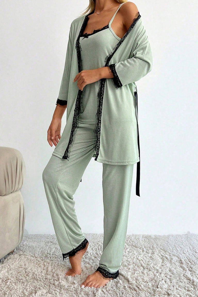 Desenli Üçlü Pijama Takımı - 28076-MINT - TOFİSA