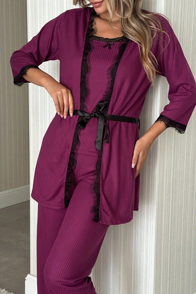 Desenli Üçlü Pijama Takımı - 28076-MOR - TOFİSA