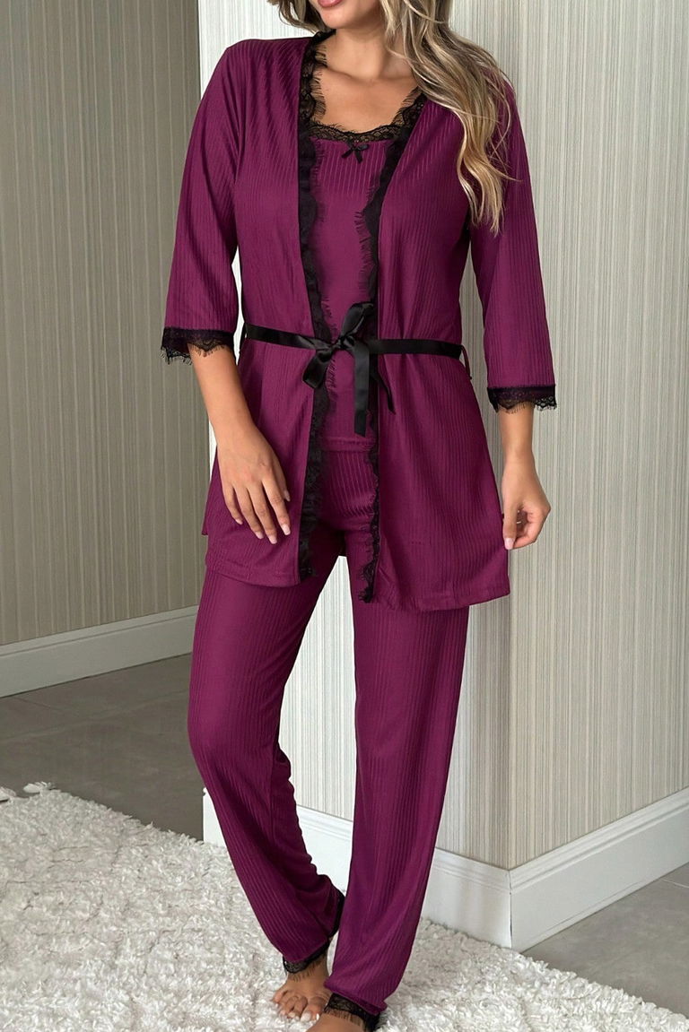 Desenli Üçlü Pijama Takımı - 28076-MOR - TOFİSA