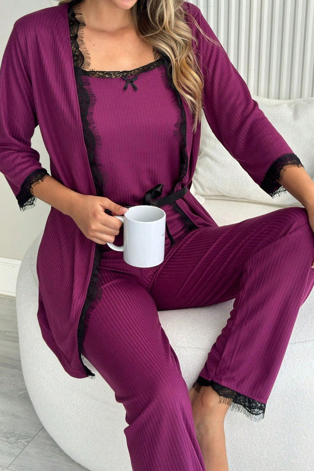 Desenli Üçlü Pijama Takımı - 28076-MOR - 4